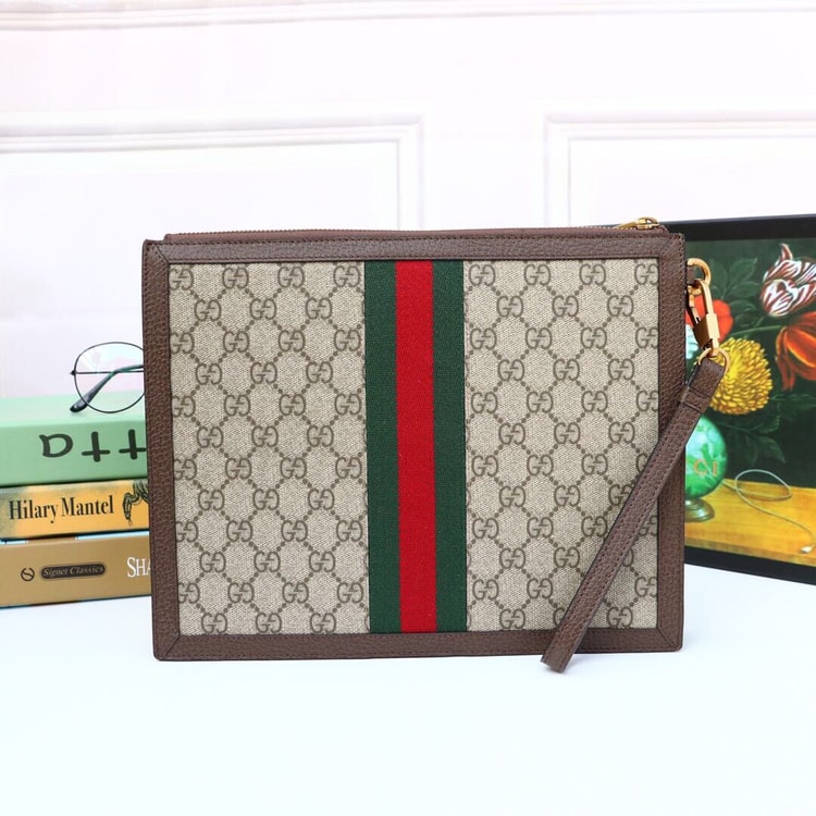 Gucci Ophidia Pouch With Web Beige And Ebony GG Supreme Canvas 672989 96IWT 8745