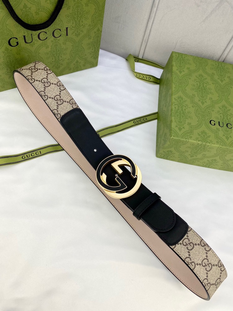 Gucci GG Supreme Belt With Interlocking G Buckle Beige/Ebony GG Supreme And Black For Women, Women Belt