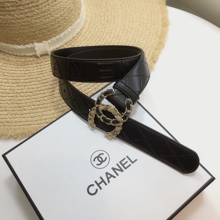 Chanel Quilted Belt With Double C Buckle Black with Gold mix Black Hardware Women Belt