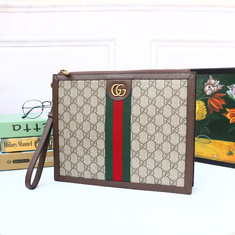 Gucci Ophidia Pouch With Web Beige And Ebony GG Supreme Canvas 672989 96IWT 8745