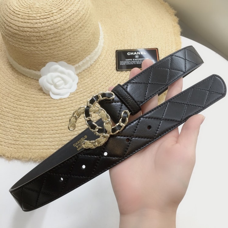 Chanel Quilted Belt With Double C Buckle Black with Gold mix Black Hardware Women Belt