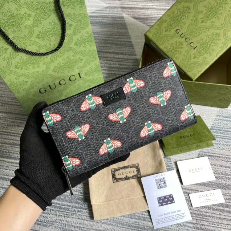 Gucci Ophidia GG Zip Around Wallet With Bee Black For Men 7.5in/19cm GG