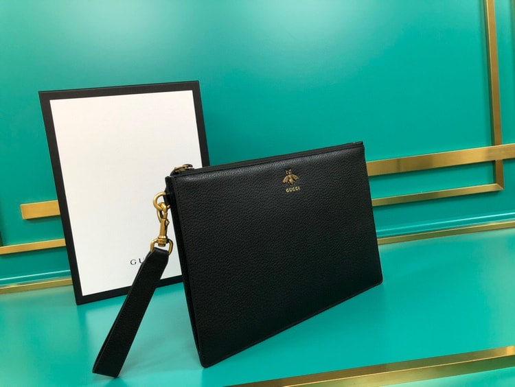 Gucci Animalier Pouch Black with Bee Detail For Men, Men's Pouch 12in/31cm GG 523684 DJ20T 1000