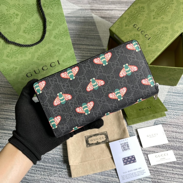 Gucci Ophidia GG Zip Around Wallet With Bee Black For Men 7.5in/19cm GG