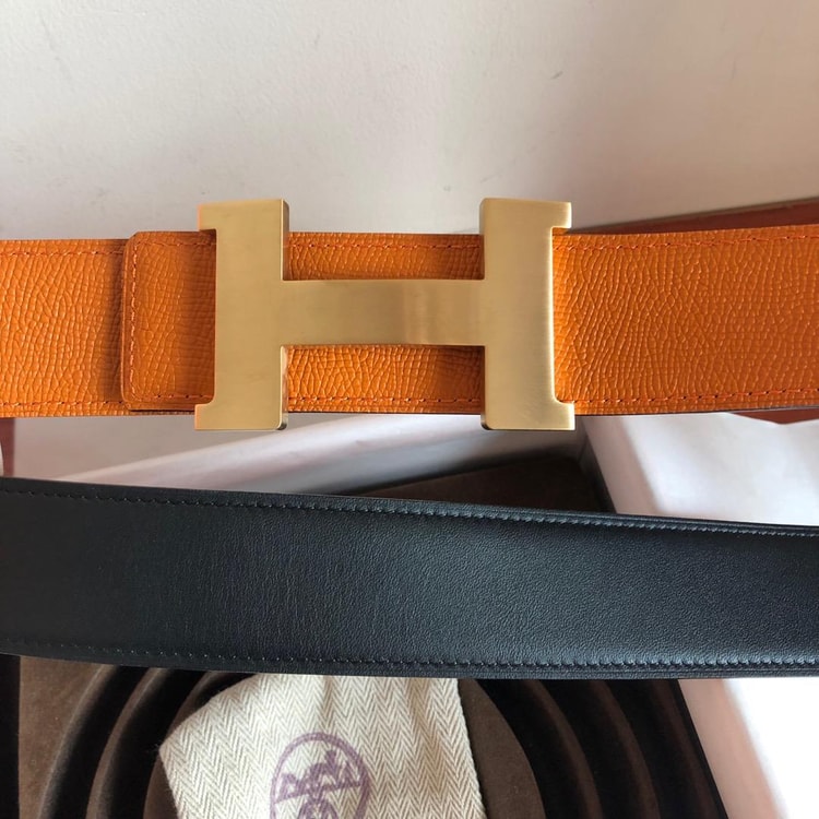 Hermes Mini Constance Guillochee Belt Buckle &amp; Reversible Orange For Women, Women Belt
