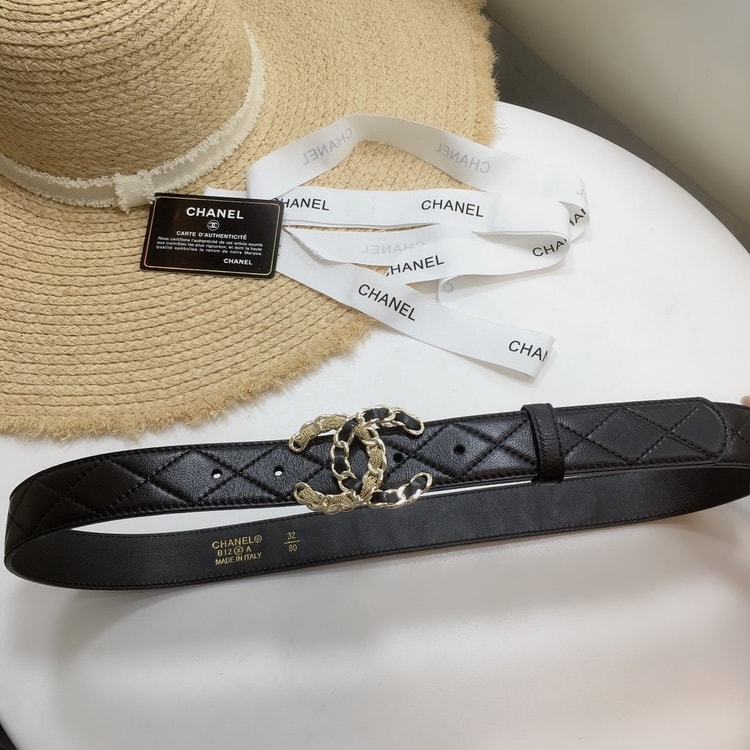 Chanel Quilted Belt With Double C Buckle Black with Gold mix Black Hardware Women Belt