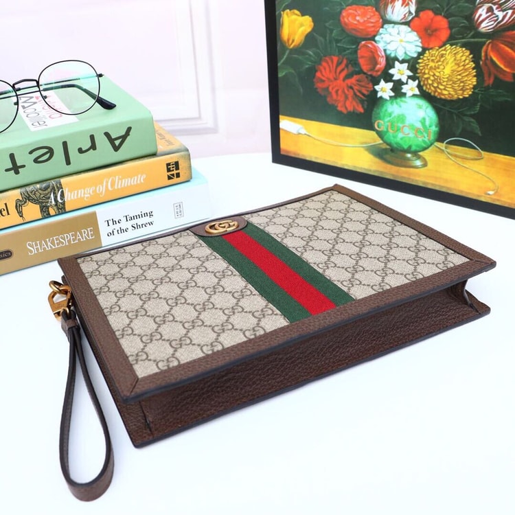 Gucci Ophidia Pouch With Web Beige And Ebony GG Supreme Canvas 672989 96IWT 8745