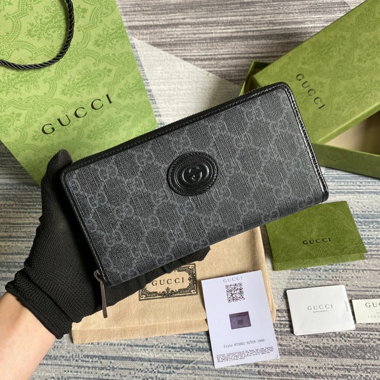 Gucci Ophidia GG Zip Around Wallet With Interlocking G Black For Men 8in/19cm GG