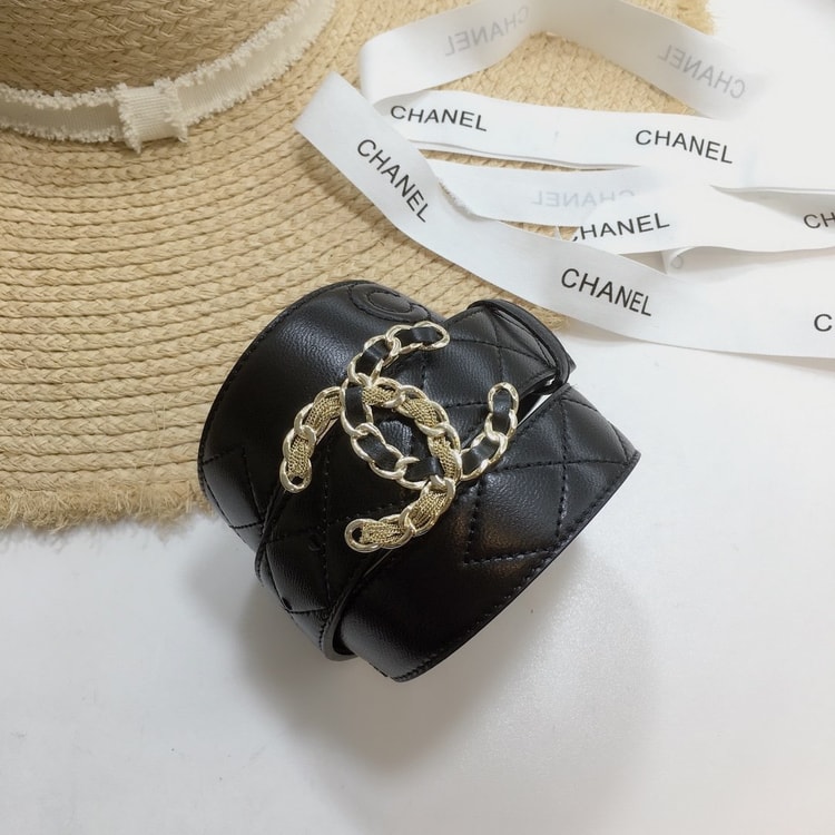 Chanel Quilted Belt With Double C Buckle Black with Gold mix Black Hardware Women Belt