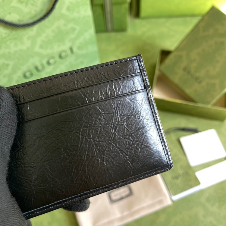 Gucci Card Case with Gold Interlocking G Plain Black For Men 4in/10cm GG