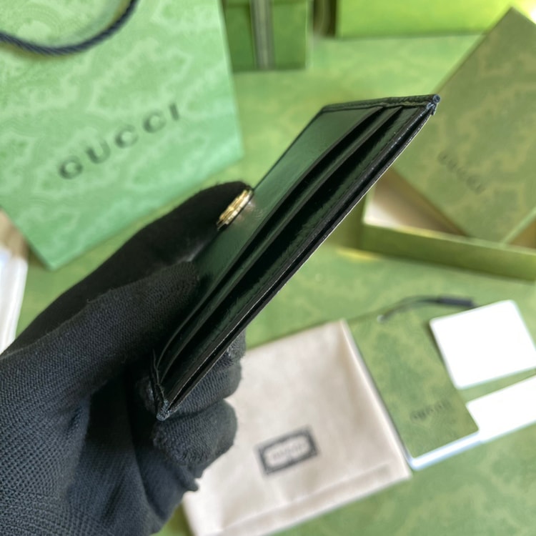 Gucci Card Case with Gold Interlocking G Plain Black For Men 4in/10cm GG