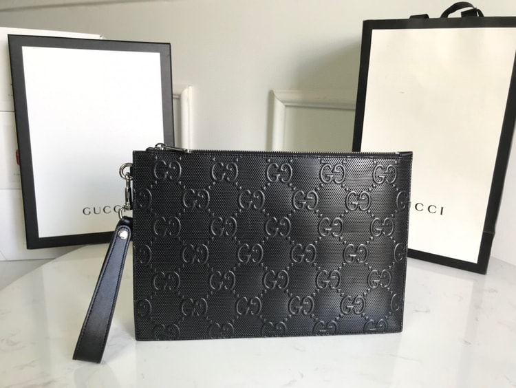 Gucci GG Embossed Pouch Black For Men, Men's Pouch 12in/31cm GG 625569 1W3AN 1000