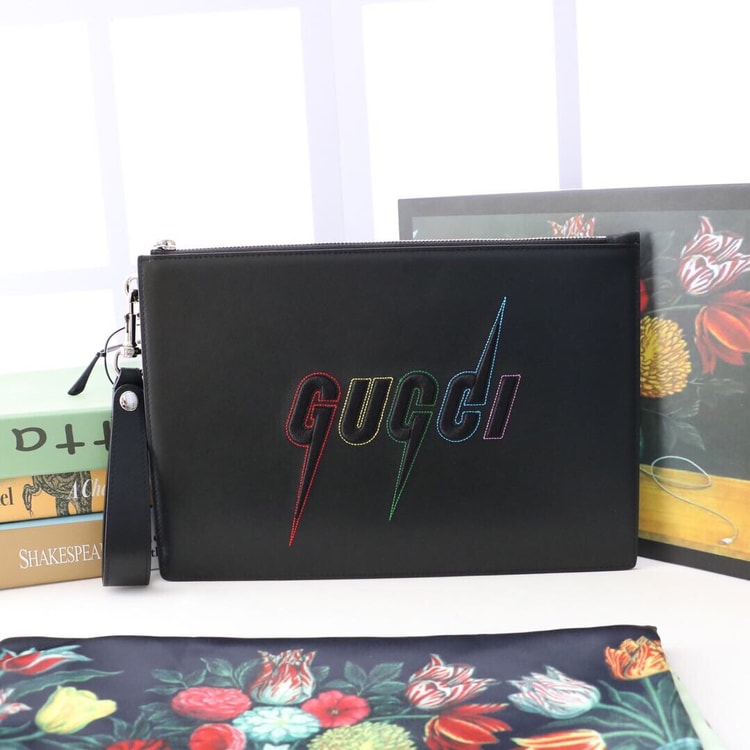 Gucci Pouch in Black With Blade Embroidery For Men, Men's Pouch 12in/31cm GG