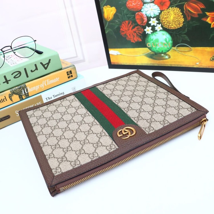 Gucci Ophidia Pouch With Web Beige And Ebony GG Supreme Canvas 672989 96IWT 8745
