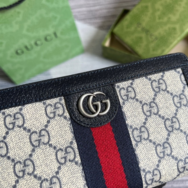 Gucci Ophidia GG Zip Around Wallet Beige With Red and Dark Blue Stripes With Silver Hardware For Men 8in/19cm GG