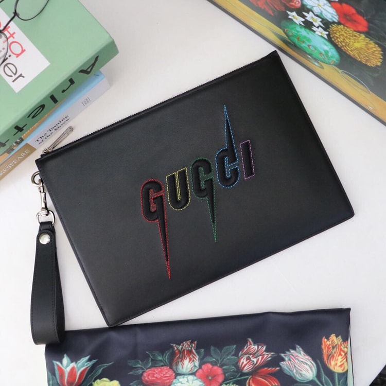 Gucci Pouch in Black With Blade Embroidery For Men, Men's Pouch 12in/31cm GG