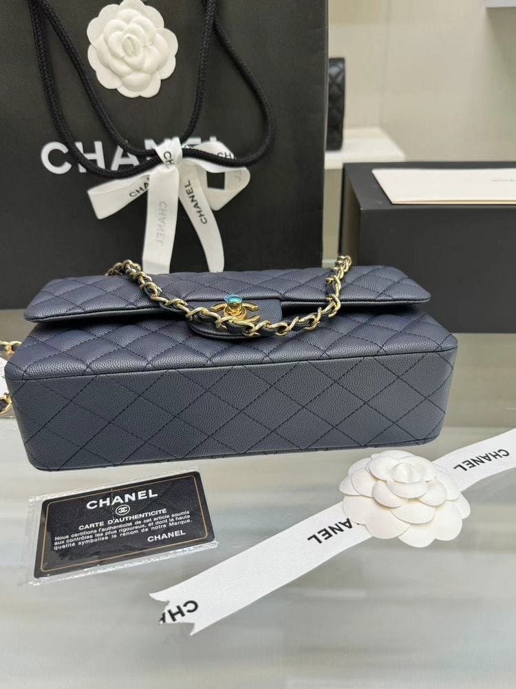 [True-to-ORIGINAL] Chanel Classic 11.12 Handbag Dark Blue GOLD-toned hardware For Women A01112 B10583 NZG78