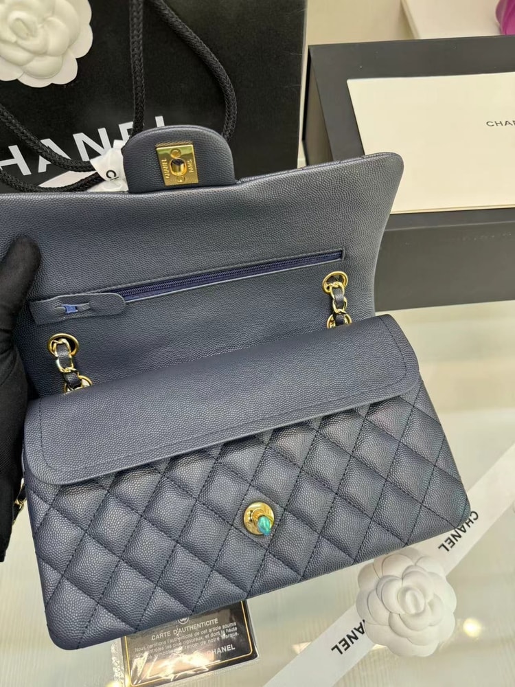 [True-to-ORIGINAL] Chanel Classic 11.12 Handbag Dark Blue GOLD-toned hardware For Women A01112 B10583 NZG78