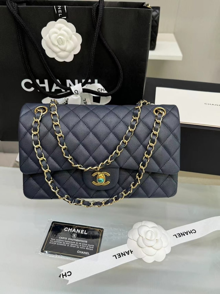 [True-to-ORIGINAL] Chanel Classic 11.12 Handbag Dark Blue GOLD-toned hardware For Women A01112 B10583 NZG78