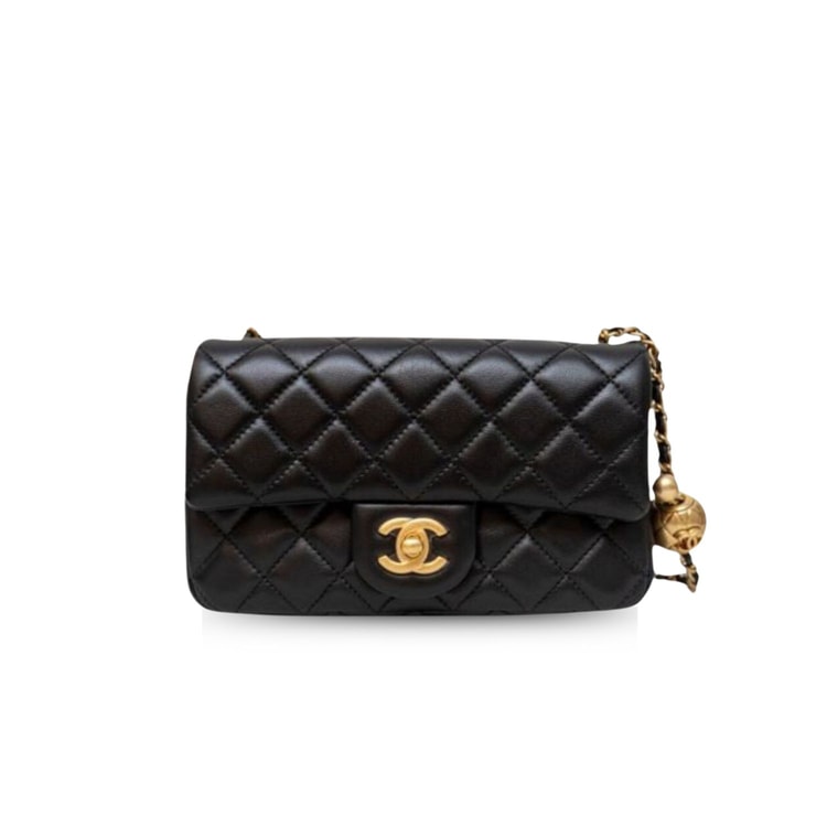 Chanel 2023 Black Lambskin Quilted Rectangular CC Pearl Crush Mini Flap Bag