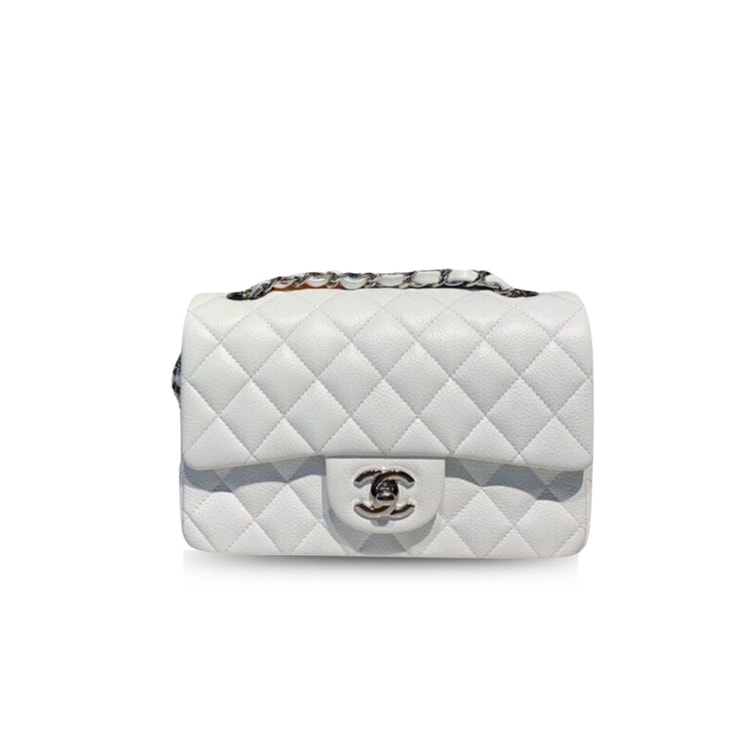 Chanel Small Classic Handbag Silver Hardware White A01113