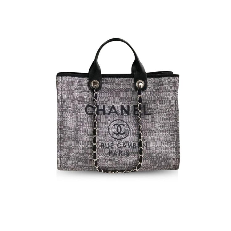 Chanel Deauville Tote Raffia Canvas Bag Black/White