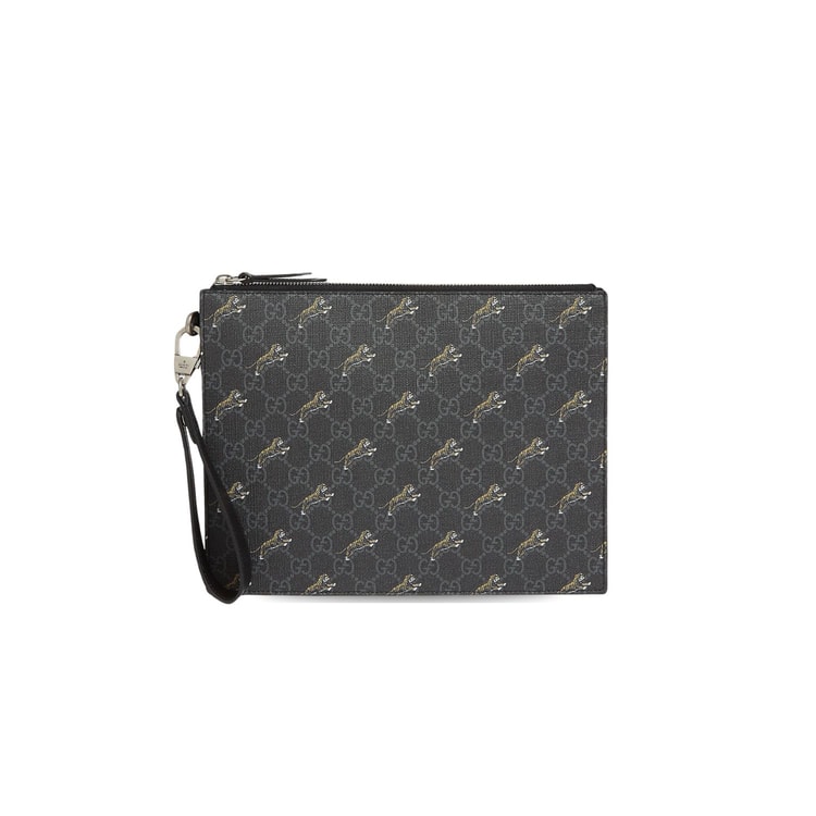 Gucci Tiger Print Pouch Light Grey Black For Men, Men’s Pouch 12in/31cm GG