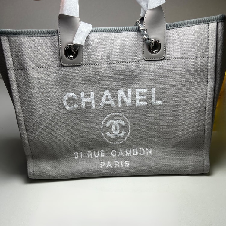 Chanel Deauville Tote Tweed Canvas Bag Grey