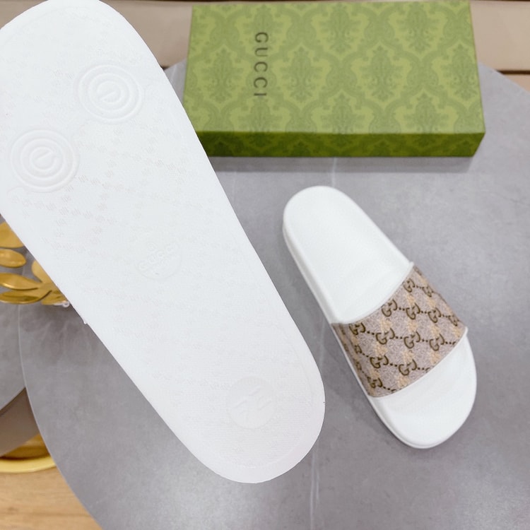 Gucci Men's GG Slide Sandal With Bees White And Brown For Men 407345