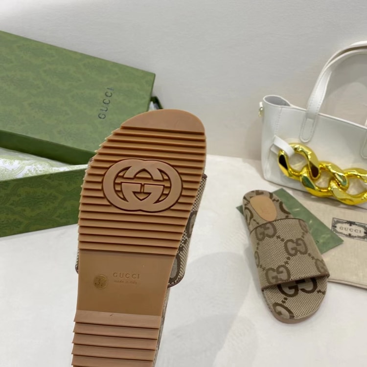 Gucci Platform Slide Sandal By Canvas Fabric Brown For Women GG