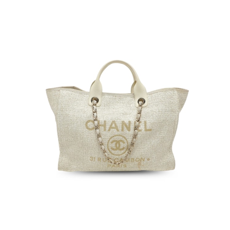 Chanel Deauville Tote Tweed Canvas Bag Beige
