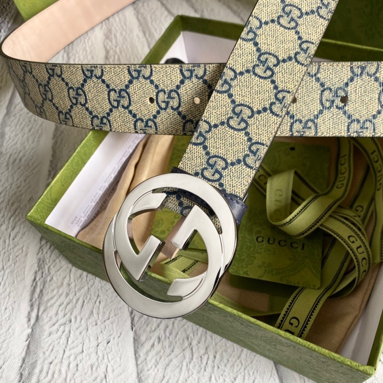 Gucci GG Supreme Belt With G Buckle Beige/Blue, Women Belt 411924 KGDHN 4075