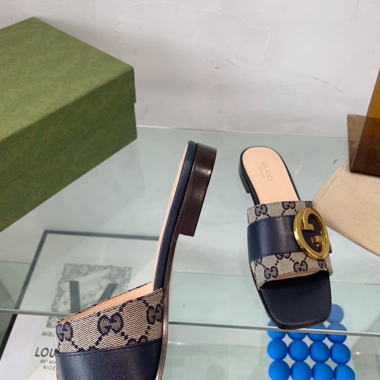 Gucci Blondie Matelasse Canvas Slide Sandal Black For Women GG