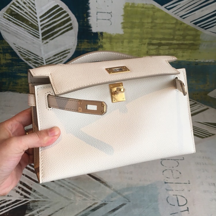Hermes Kelly Pochettee White For Women Gold Toned Hardware 8.5in/22cm