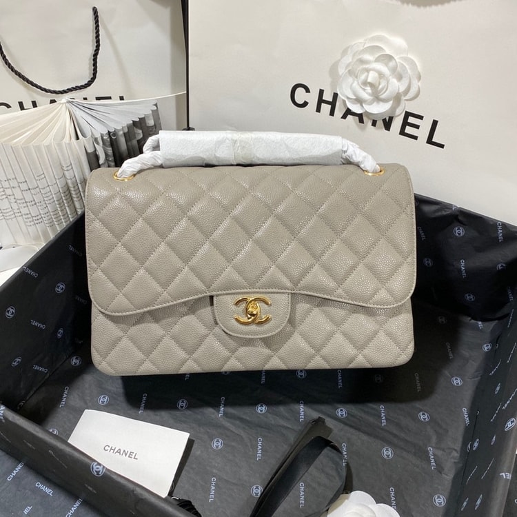 [True-to-ORIGINAL] Chanel Large Classic Handbag Gold Hardware Grey For Women, Women's Handbags, Shoulder Bags 11.8in/30cm